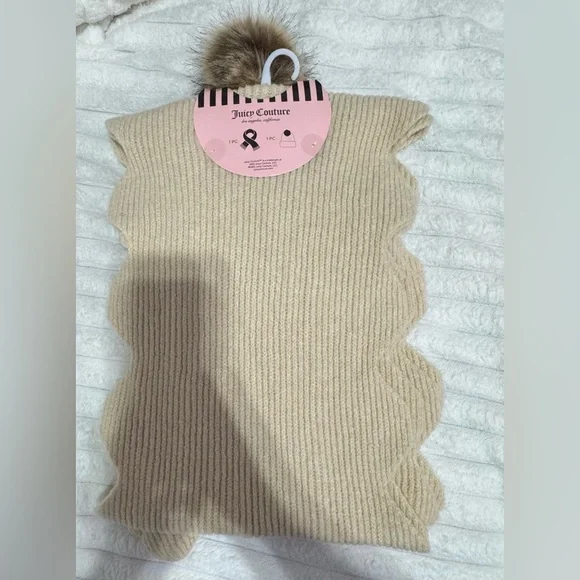 Juicy Couture Beige Knit Beanie and Scarf Set